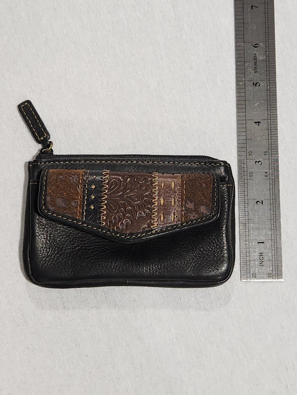 Fossil Coin Wallet Patchwork Leather Black Brown Tan ID Window Key Ring Snap Zip - Picture 6 of 9